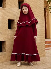 Young Girl Ruffle Trim Hooded Long Sleeve Middle East Style Dress - Burgundy - View 3