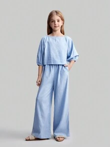 Maija Kids Maija Kids Tween Girls 2 Pieces Set: Loose Casual Shirt & Wide Leg Pants - Blue - View 5