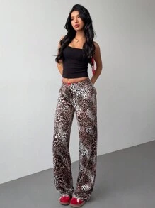 Aloruh Nuevos pantalones ceñidos de cintura alta, estilo casual, de estampado retro americano con lazo, decoración floral de encaje y estampado de leopardo, de estilo dulce y picante