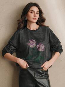 Anewsta Urban Chic Retro Round Neck Long Sleeve Sparkly Rose Rhinestone Embellished Sweatshirt, Spring & Autumn Pullover Fall - Dark Grey - View 7