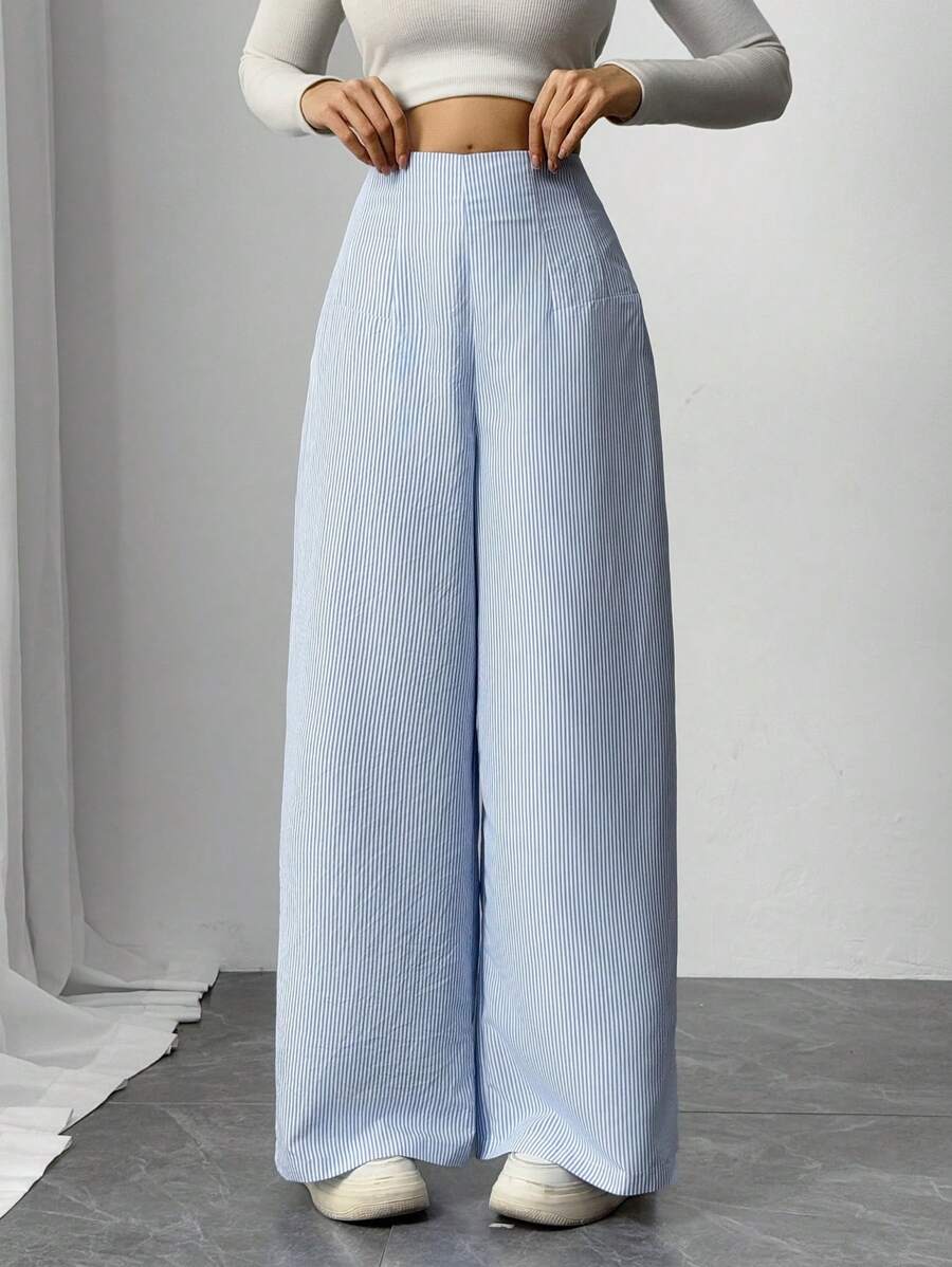 Firerie Women Casual Elegant High Waist Straight Leg Blue & White Striped Pants, Suitable For Commuting, Office, Daily, And Vacation