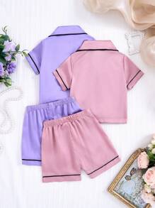 SHEIN 4pcs Set Baby Girls Elegant Contrast Binding Short Sleeve Top With Pockets And Contrasting Collar, Matching Purple Shorts, Charming Home Sets - Multicolor - View 2