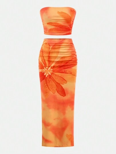 Girlism 2st/set orange tropiskt tryck semesterstil med tubtopp och maxikjol för tonårsflickor