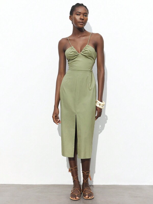 Maija Nuevo modelo de verano 2025 con estilo bohemio, de vacaciones, para festival de música, playa y resort. Vestido casual sexy y romántico con tirantes de espagueti ajustables, fruncido en la cintura, abertura con nudo en la espalda y corte cruzado. Ideal para salir, fiestas, bodas, graduaciones y estilo vintage.