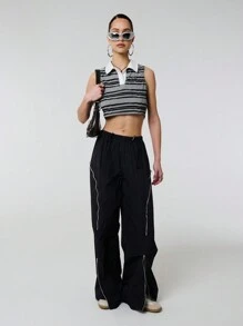SHEIN Unity 休闲 Polo 领无袖短款条纹星星刺绣背心 - 黑與白 - 查看 3
