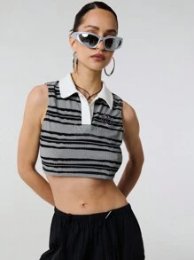 SHEIN Unity 休闲 Polo 领无袖短款条纹星星刺绣背心 - 黑與白 - 查看 5