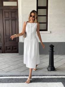 Pariaura Women's Long Backless French Hollow Decor Buttoned Ruffle Hem Sleeveless Dress - White - View 1