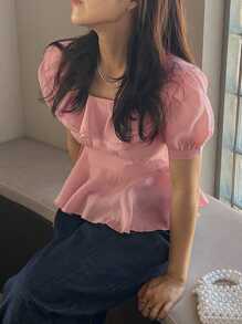 DAZY 方领修身短款女式衬衫，荷叶边，娃娃衫，度假风