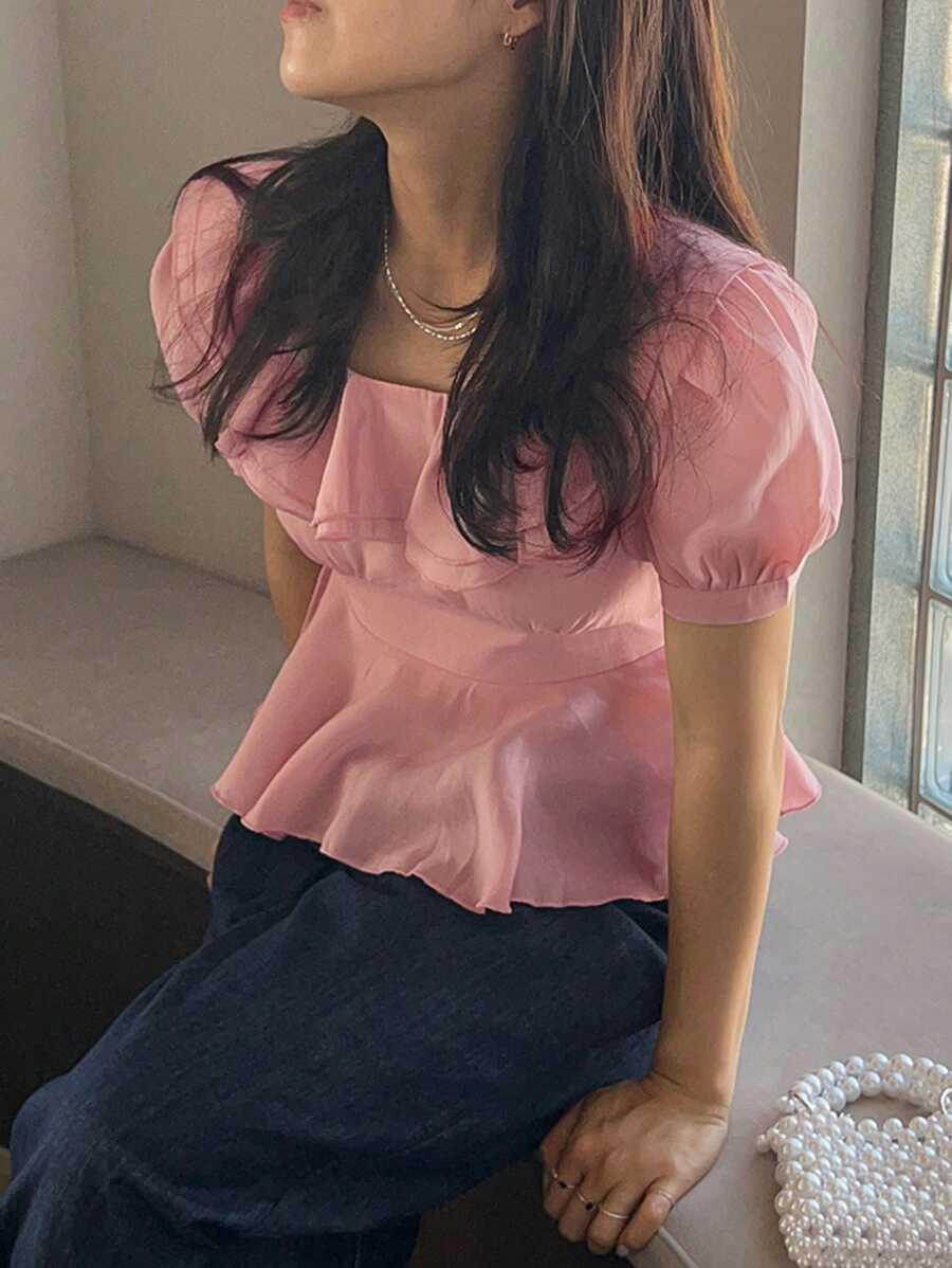 DAZY 方领修身短款女式衬衫，荷叶边，娃娃衫，度假风