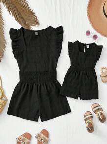 SHEIN 2pcs Baby Girl Ruffle Trim Black Top And Elastic Waist Shorts Set, Summer Mommy And Me Matching Outfits (2 Sets Sold Separately)