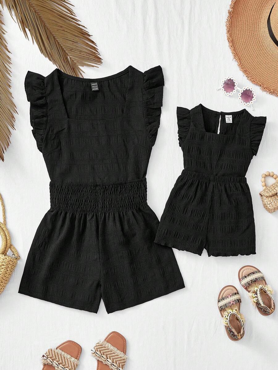 SHEIN 2pcs Baby Girl Ruffle Trim Black Top And Elastic Waist Shorts Set, Summer Mommy And Me Matching Outfits (2 Sets Sold Separately)