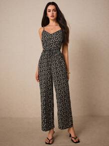 Poéselle 女式碎花印花细肩带连体裤，配有松紧腰带