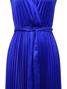 Women's Retro Modest Elegant Solid Color Pleated Hem Dress - Blue - View 5