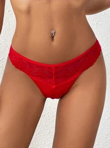 Women's Sexy Solid Color Lace See-Through Panties - Red - View 6
