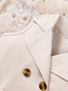 SHEIN 女婴纯色翻领无袖双排扣连衣裙 - 卡其色 - 查看 7