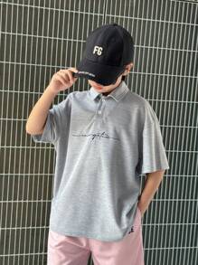 青少年男孩休闲假日百搭字母与图案印花翻领半襟宽松短袖针织 Polo 衫