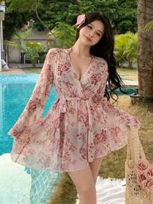 DAZY 女士花卉印花喇叭袖和服罩衫，适合夏季海滩度假 - 彩色 - 查看 3