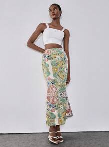 Chiquease 波西米亚风松紧腰带佩斯利印花时尚百搭美人鱼下摆裙子