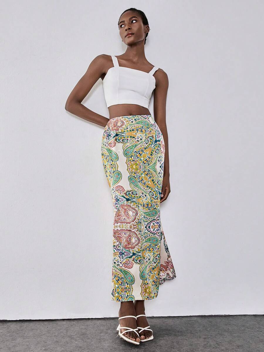 Chiquease 波西米亚风松紧腰带佩斯利印花时尚百搭美人鱼下摆裙子