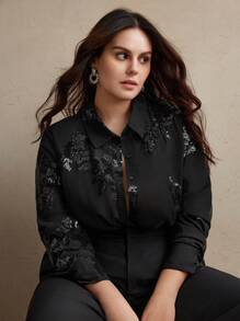 Anewsta 大码女式大码玫瑰亮片刺绣衬衫，春季