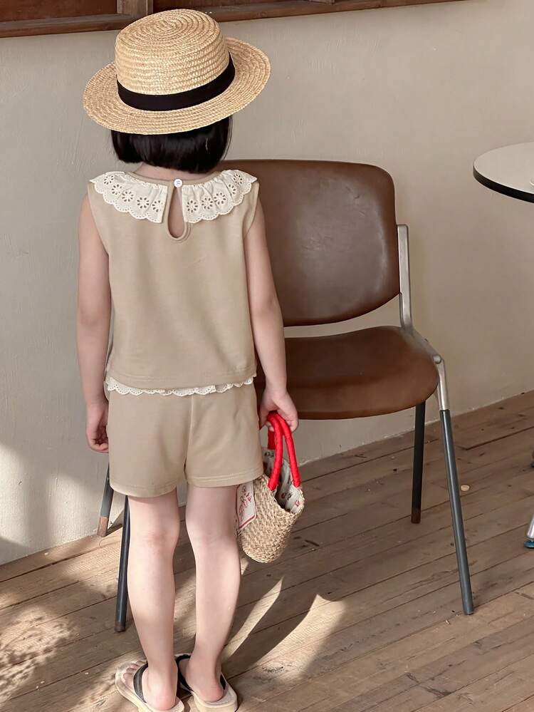 2pcs/Set Young Girl Patchwork Burn-Out Embroidered Ruffle Trim Crop Top And Shorts Set,Girls Summer Outfits Vacation
