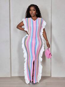 BamGleam Women Striped V-Neck Ruffle Patchwork Slim Sweater Dress - Multicolor - View 7