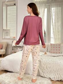 SHEIN 2 件青少年女孩休闲印花长袖上衣和裤子家居服套装，浅灰色-紫色 - 淺灰紫 - 查看 2