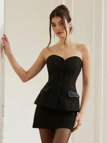 Aveloria Black Satin Patchwork Bandeau Fitted Stylish Women's Top - Black - View 3