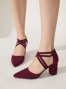 CUCCOO CHICEST Burgundy Faux Suede Elastic Ankle Strap Pointed Toe Chunky High Heel Pumps, Fashion Dress Shoes For Commuting, Dating, Party, Wedding, Holiday Spring Shoes Spring Break Easter Prom Heels