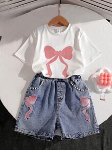 SHEIN Playful Pals 2pcs Tween Girls Summer Set, Bow Print Short Sleeve T-Shirt Top + Butterfly Embroidered Shorts, 2 Pieces Outfit Summer Holiday - White - View 4