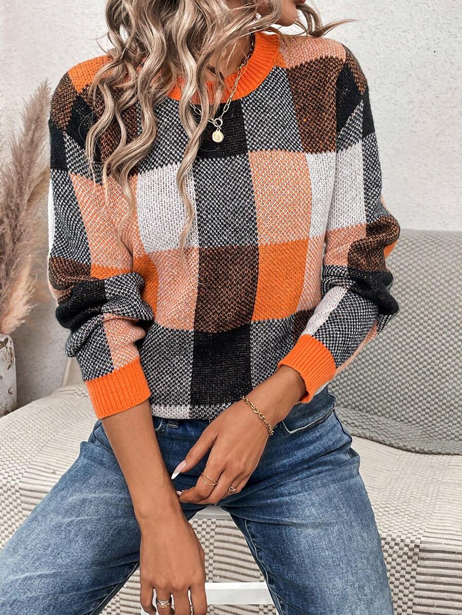 SHEIN LUNE 女士格子圆领长袖毛衣上衣，秋冬 - 亮橙色 - 查看 1