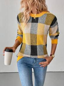 SHEIN LUNE Women's Plaid Drop Shoulder Long Sleeve Casual Pullover Sweater, Autumn/Winter