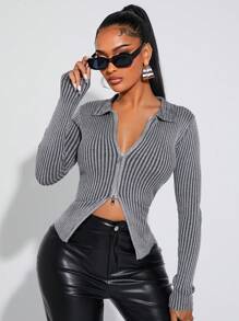 SHEIN SXY Áo len cardigan dệt kim gân ôm sát phong cách ngọt ngào và cay nồng, cổ áo có khóa kéo kép, phối màu đen và trắng - Màu xám đen - Xem 6