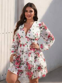 Revavyn 优雅法式度假荷叶边花卉雪纺印花腰收口泡泡袖长袖大码女式迷你连衣裙 - 藏蓝色 - 查看 5