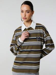 SHEIN Unity 撞色POLO领针织条纹落肩宽松T恤 - 綠色 - 查看 1