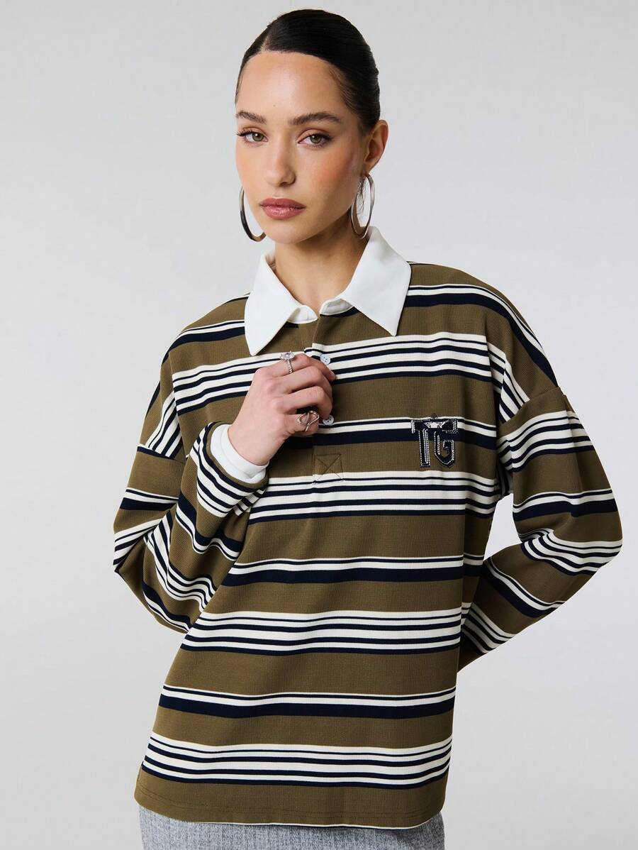SHEIN Unity 撞色POLO领针织条纹落肩宽松T恤 - 綠色 - 查看 1