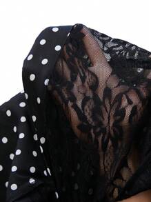 EMERY ROSE Women's Casual Lace Patchwork Polka Dot Print Shirt - Black and White - View 8