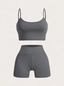 SHEIN EZwear Bộ đồ ngoài trời nhiều mảnh màu xám đậm, thời trang đơn giản, mặc thường ngày - Màu xám đen - Xem 6