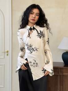 EastFlair 女式立领长袖印花休闲衬衫，配人造珍珠装饰 - 杏色 - 查看 6