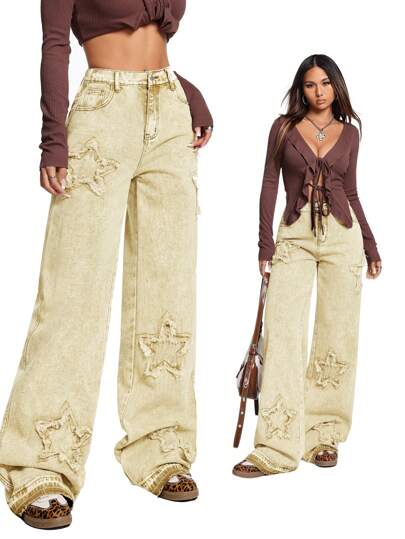 SHEIN EZwear Women's Jeans Star Patches Embroidered Loose Straight Leg Pants Khaki Pants Back To School Khaki Women Pants Wide Leg Women Pants