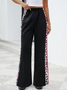 INAWLY Women's Casual Leopard Print Patchwork Wide Leg Sweatpants, Suitable For Autumn/Winter