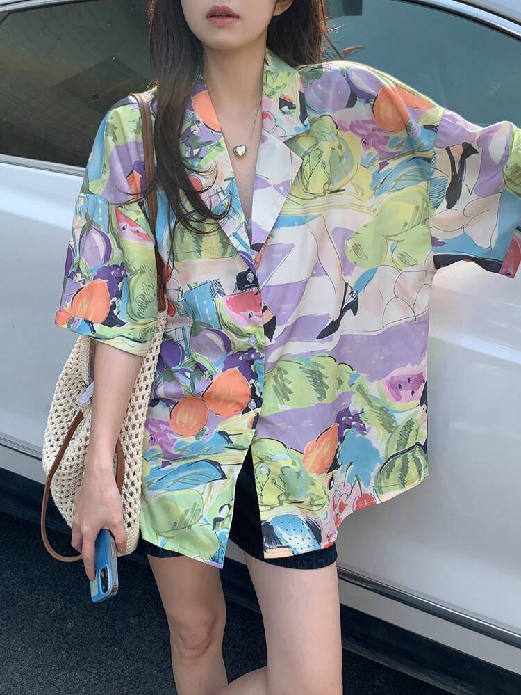 Women's Allover Floral Print Short Sleeve Casual Shirt Summer Easter