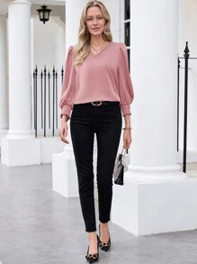 Miaspire Áo cánh tay đèn lồng cổ chữ V màu trơn giản dị cho nữ - Hồng - Xem 5