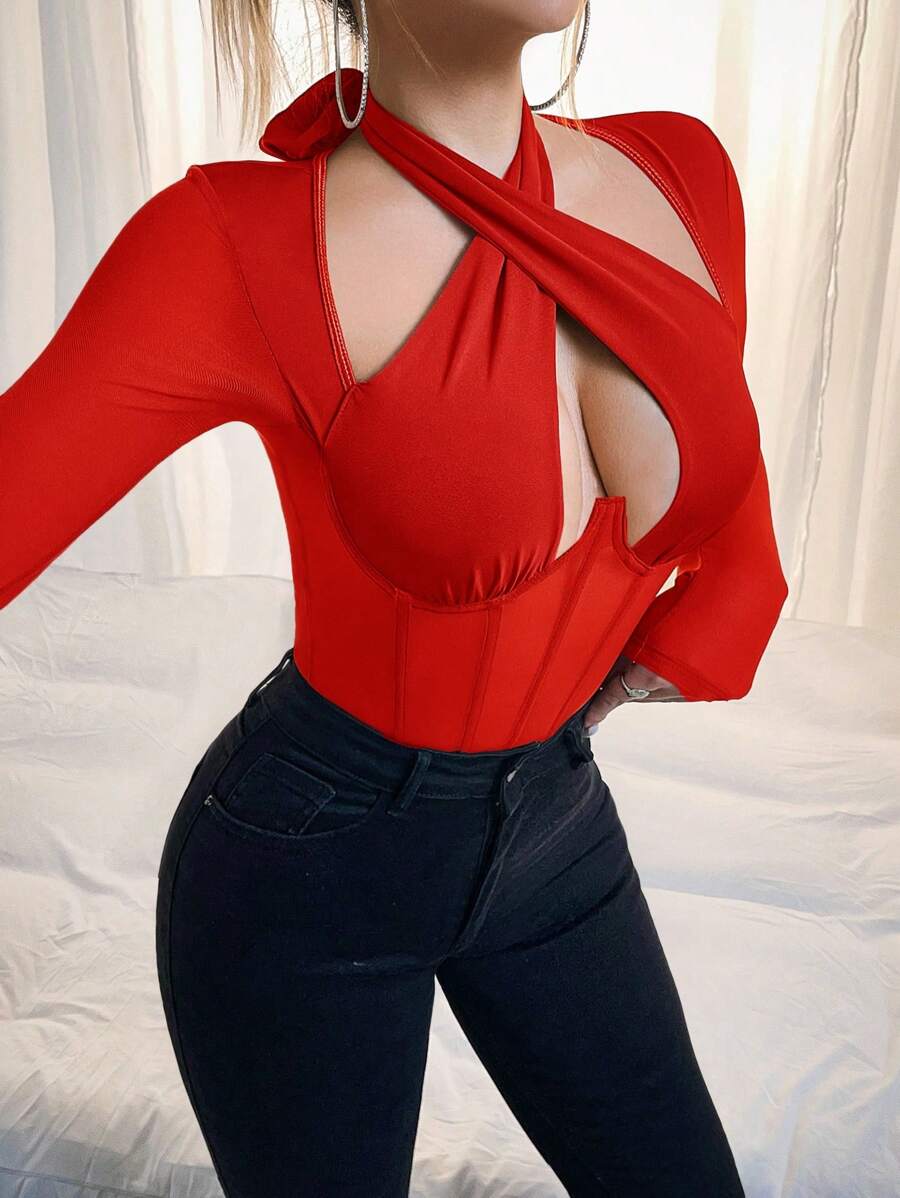 Zolique Women Solid Color Halter Long Sleeve Hollow Out Bodysuit, Casual & Form Fitting, Red Bodysuit, Cut Out Bodysuit, Red Body Suit - Red - View 1