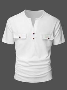 Manfinity Homme Camiseta de hombre de manga corta, cuello en V y abotonadura a presión de unicolor