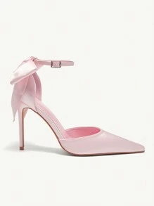 CUCCOO CHICEST Giày cao gót mũi nhọn đính nơ ruy băng 3D cho nữ, phong cách ngọt ngào lãng mạn thanh lịch, giày cao gót satin màu hồng thích hợp cho buổi hẹn hò, trà chiều, ngày lễ tình nhân, tiệc sinh nhật, trang phục quý cô tinh tế - Hồng - Xem 4