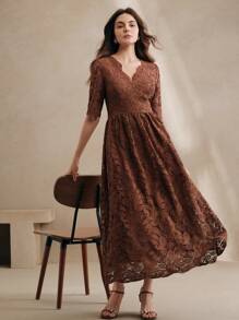Anewsta Elegante abito lungo con scollo a V, balze, maniche a metà, stampa paisley e fiori, semi-trasparente, vita stretta, adatto per Capodanno, San Valentino, vacanze estive in spiaggia - Castano - Visualizzare 5