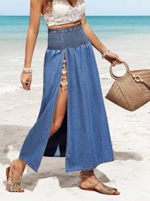 Breezaya Women's Slit Hem Simple Denim Skirt, Casual Vacation - Blue - View 4