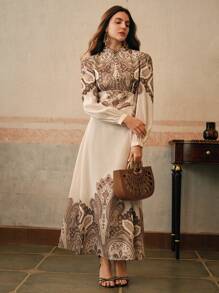 Anewsta Váy tay dài cổ đứng in họa tiết Paisley thanh lịch, thích hợp cho ngày lễ tình nhân, năm mới và kỳ nghỉ - Màu be - Xem 4