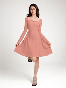 SHEIN Đầm dài tay trễ vai cổ thuyền sang trọng thanh lịch cho bé gái tuổi teen, thích hợp cho tiệc sinh nhật, tiệc cocktail, ngày lễ tình nhân, màu hồng - Bụi hồng - Xem 4